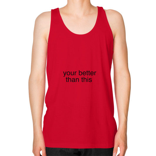 Unisex Fine Jersey Tank (on man) Red unorthodoxy