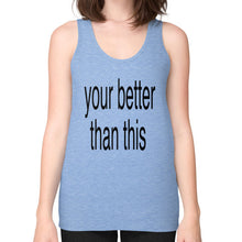 Unisex Fine Jersey Tank (on woman) Tri-Blend Blue unorthodoxy