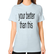 Unisex T-Shirt (on woman) Light blue unorthodoxy