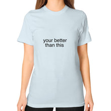 Unisex T-Shirt (on woman) Light blue unorthodoxy