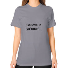 Unisex T-Shirt (on woman) Slate unorthodoxy