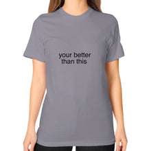 Unisex T-Shirt (on woman) Slate unorthodoxy