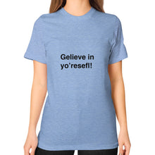 Unisex T-Shirt (on woman) Tri-Blend Blue unorthodoxy