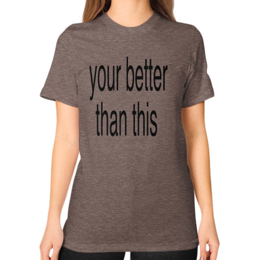 Unisex T-Shirt (on woman) Tri-Blend Coffee unorthodoxy